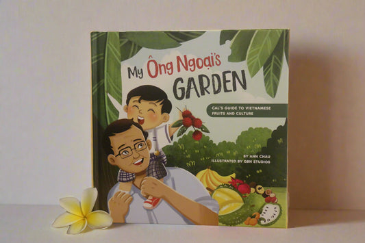 'My Ông Ngoc's Garden' on a wooden surface with a white background